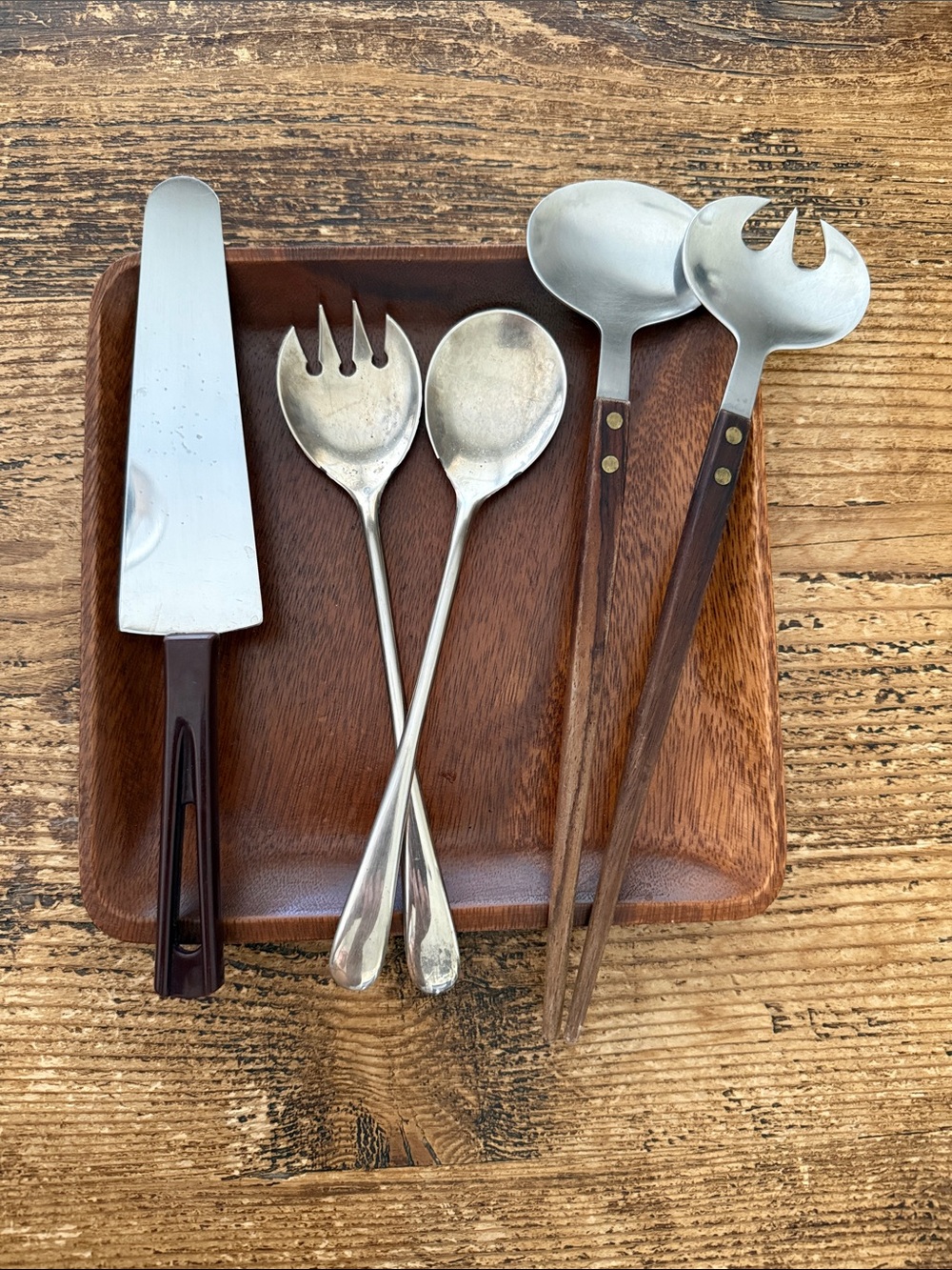 VTG | Mid Century Serving Utensils/Acacia Wood Tray